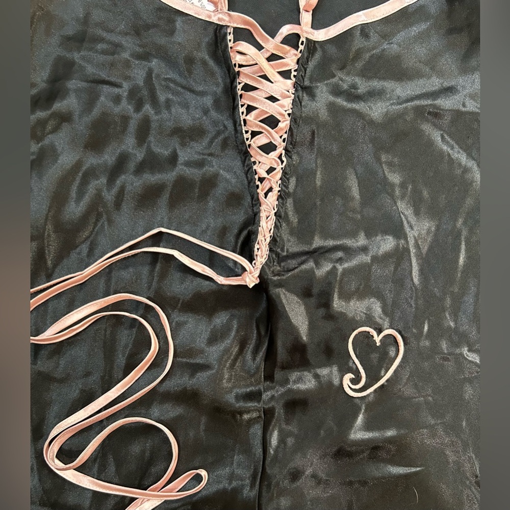 La Vie en Rose black satin coquette slip dress pink trim back lace corset Size M - Picture 7 of 7